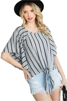 TEEK - PLUS SIZE GREY STRIPE TIE HEM CAPE SLEEVE TOP