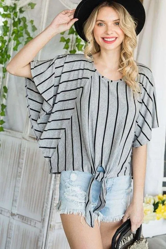 TEEK - PLUS SIZE GREY STRIPE TIE HEM CAPE SLEEVE TOP