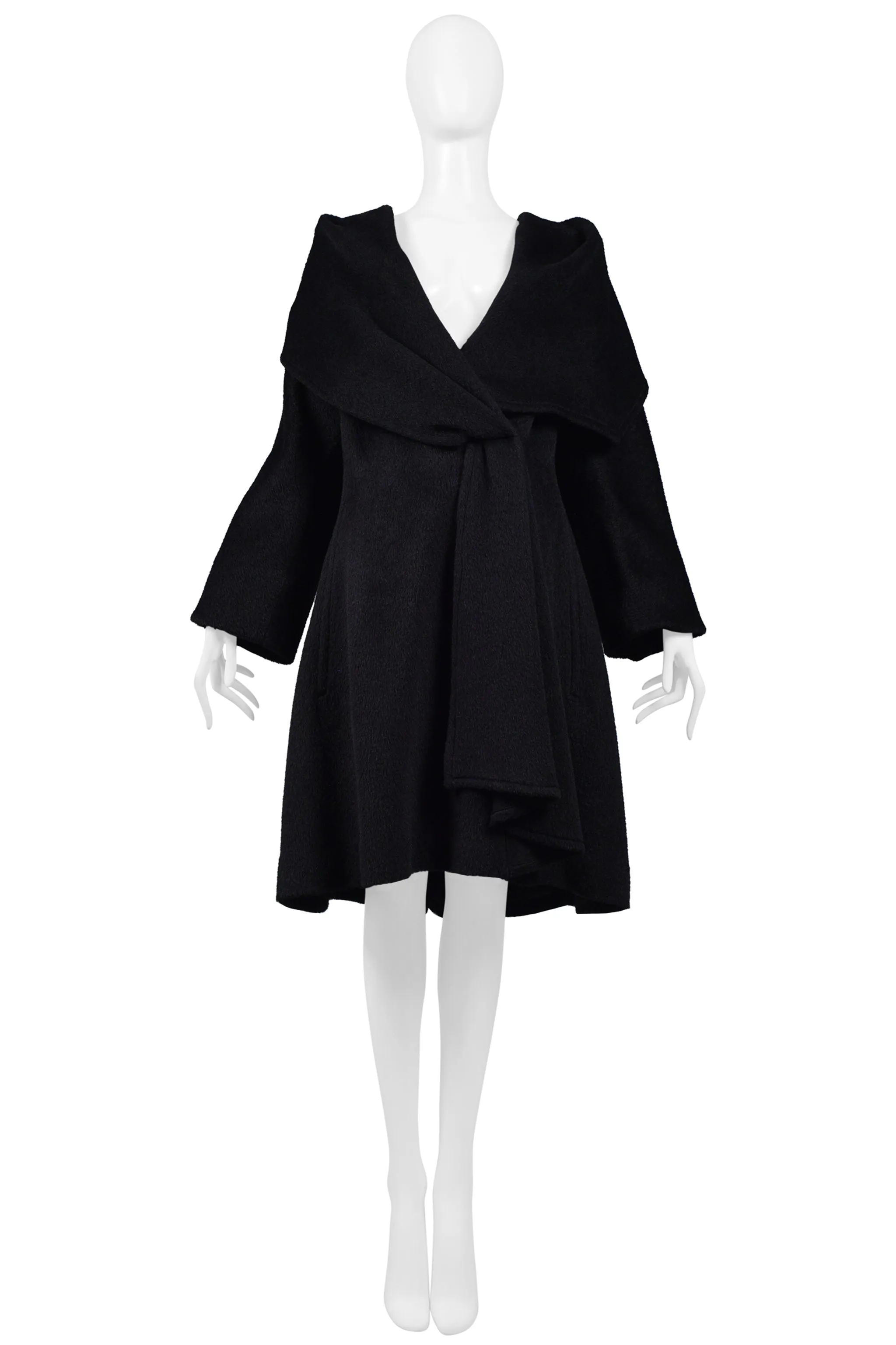 THIERRY MUGLER BLACK ALPACA HOODED CAPE COAT