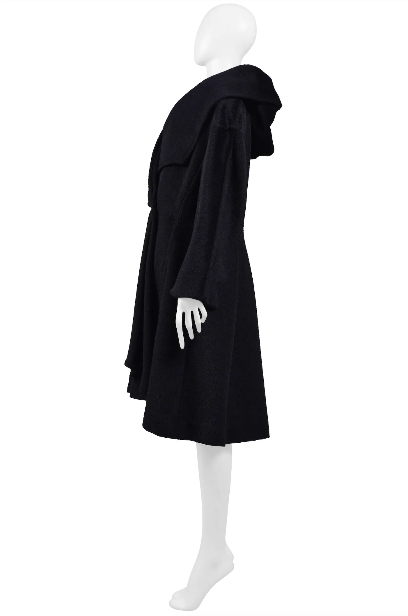 THIERRY MUGLER BLACK ALPACA HOODED CAPE COAT