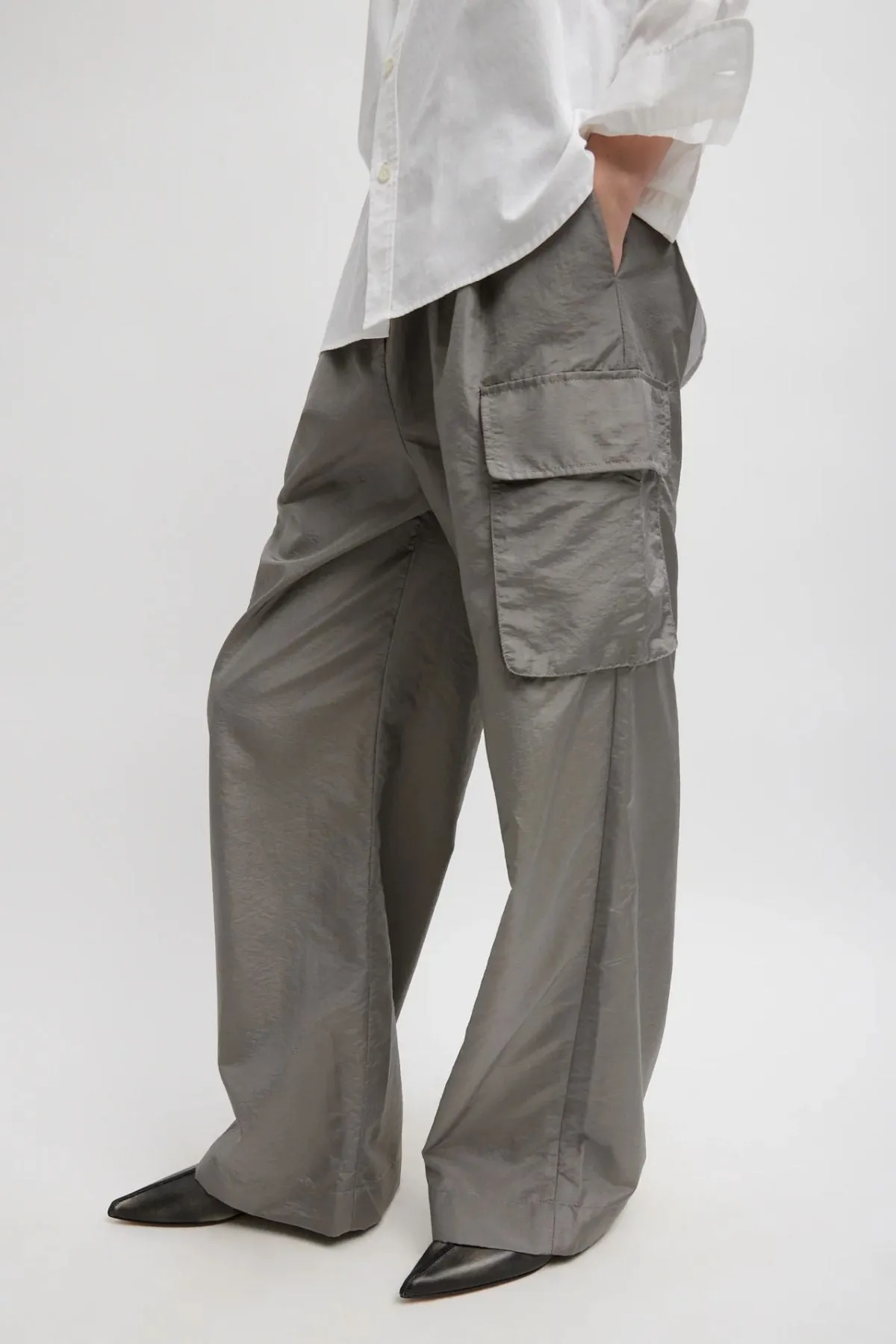 Tibi Crispy Nylon Stella Pleated Cargo Pant - Grey