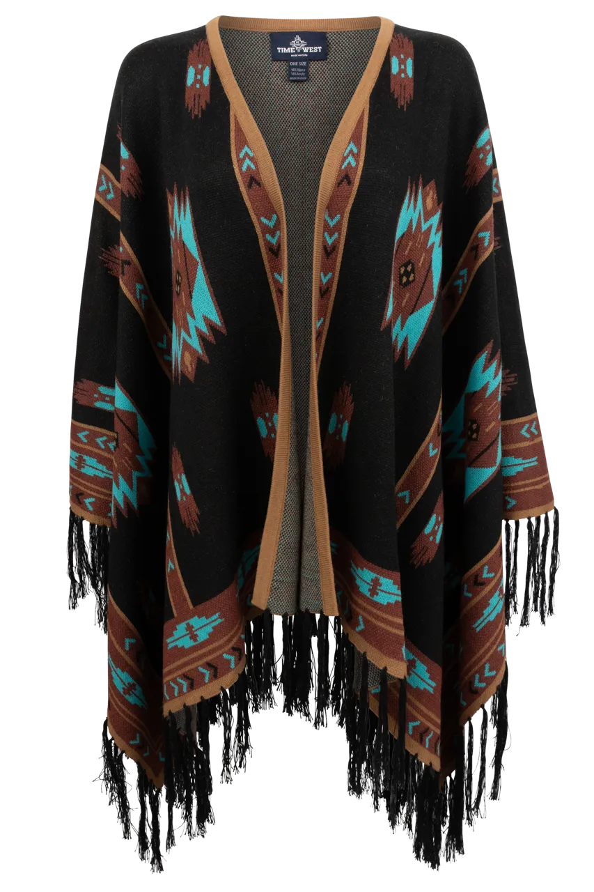 Time of the West Aztec Print Cape - Black