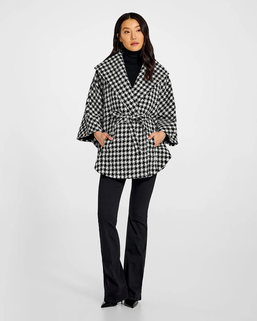 Tweed Houndstooth Suri Alpaca Cape with Shawl Collar and Belt