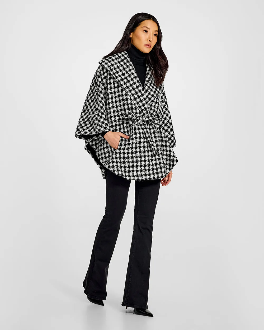 Tweed Houndstooth Suri Alpaca Cape with Shawl Collar and Belt