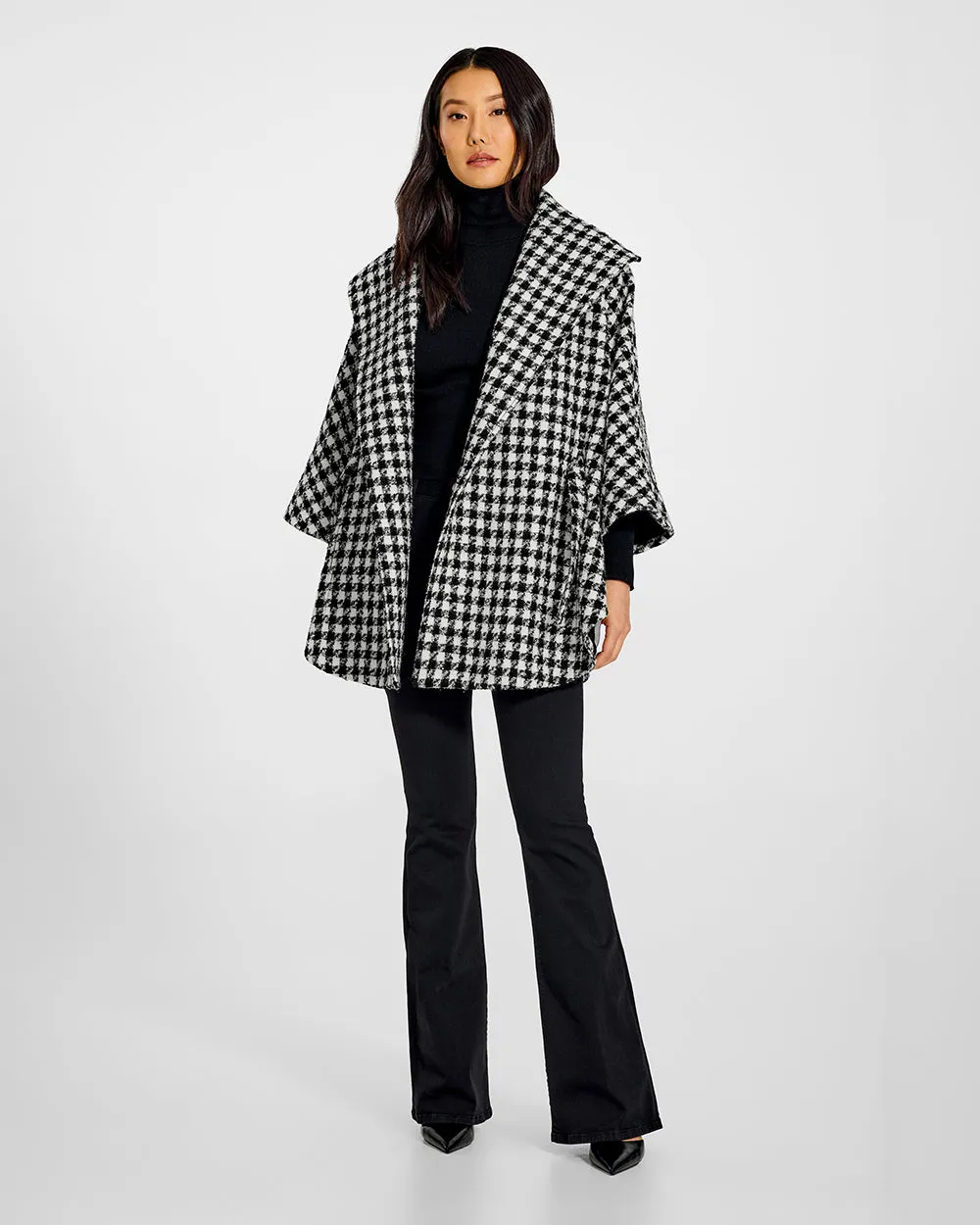 Tweed Houndstooth Suri Alpaca Cape with Shawl Collar and Belt