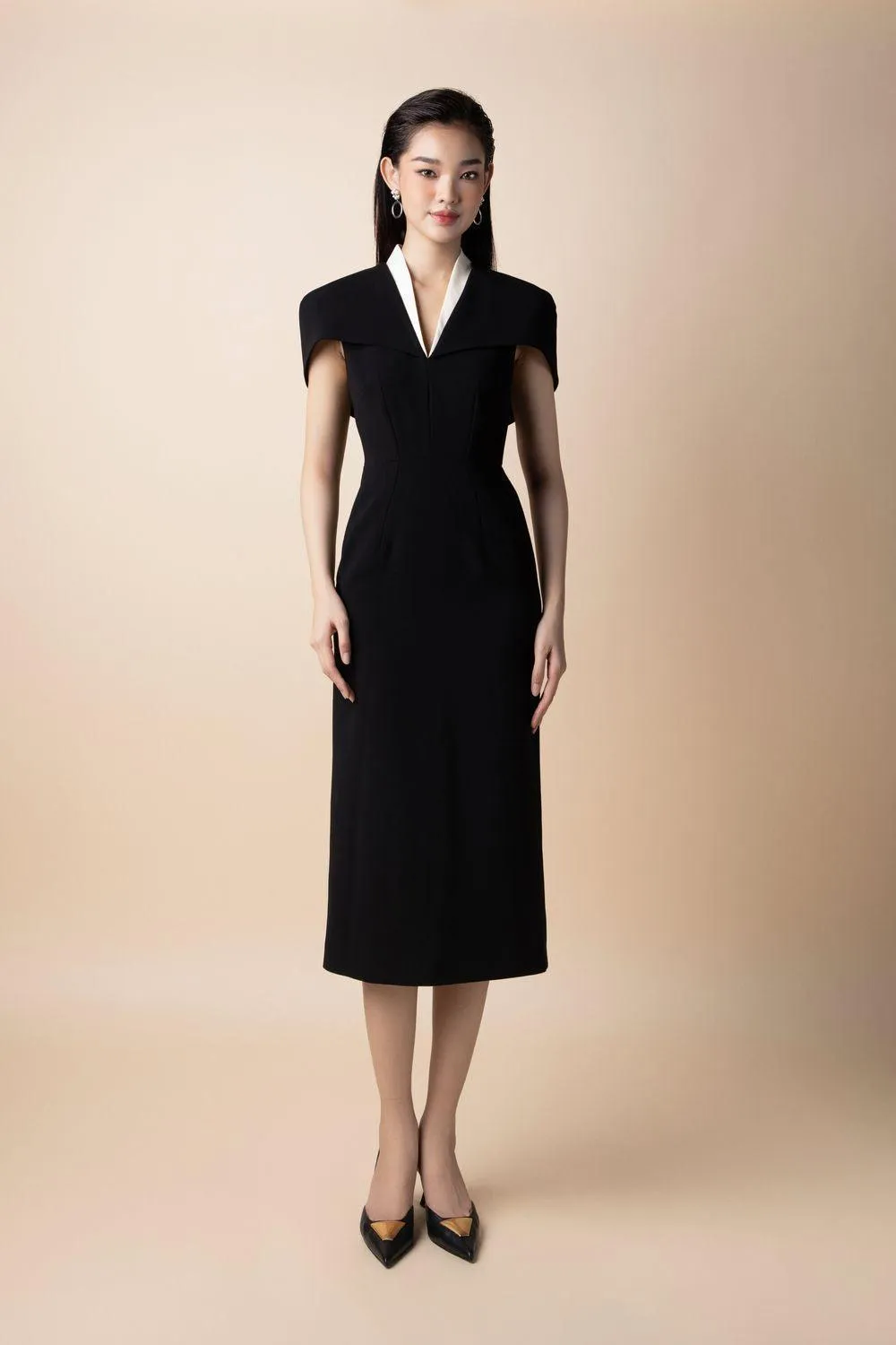 Verity Sheath V-Neck Wool Midi Dress