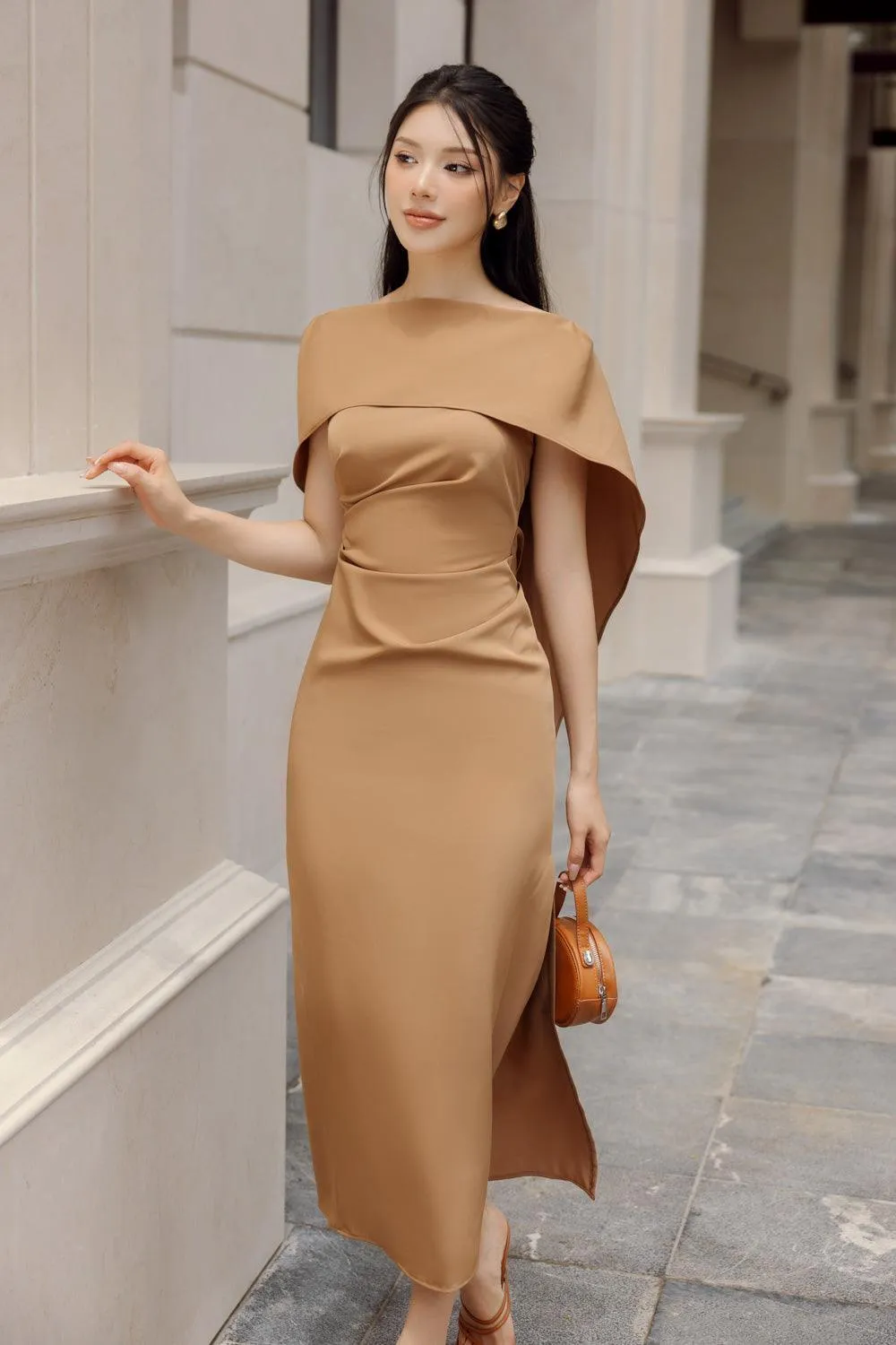 Vesta Sheath Side Slit Satin Midi Dress