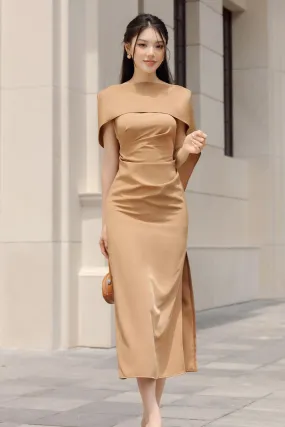 Vesta Sheath Side Slit Satin Midi Dress