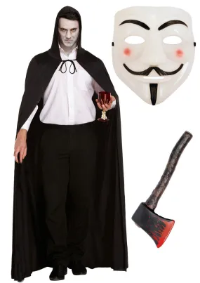 Vigilante Revolution Costume Set: V for Vendetta Mask, Long Black Hooded Cape, and Fake Bloody Axe