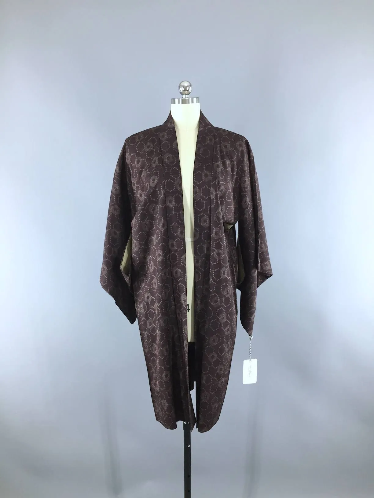 Vintage 1940s Silk Haori Kimono Jacket Cardigan / Dark Brown & Tan Ikat