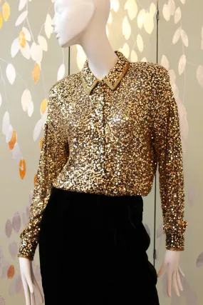 Vintage 1980s Oleg Cassini Gold Sequin Body Suit, M/L