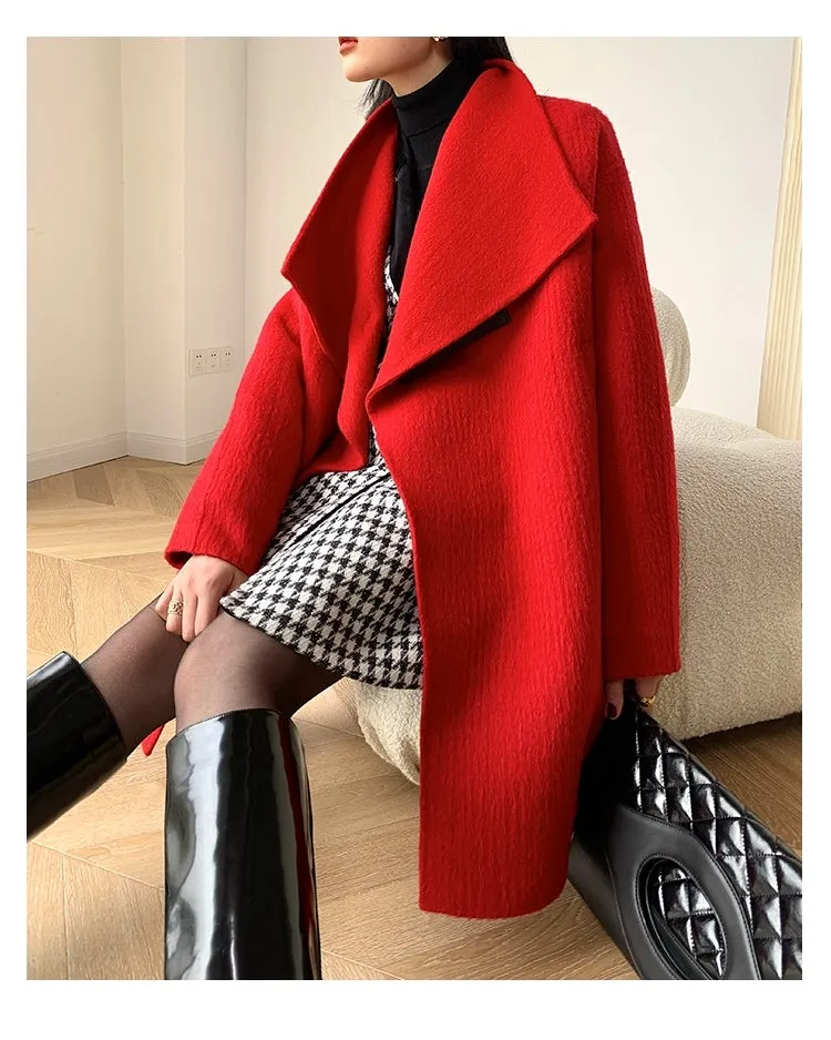 WANXO female double-sided Alpaca long-haired large lapel woolen mid-length coat - Lara