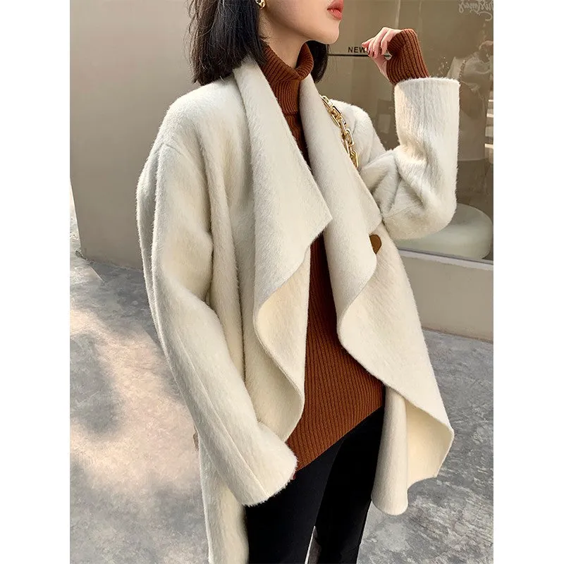 WANXO female double-sided Alpaca long-haired large lapel woolen mid-length coat - Lara