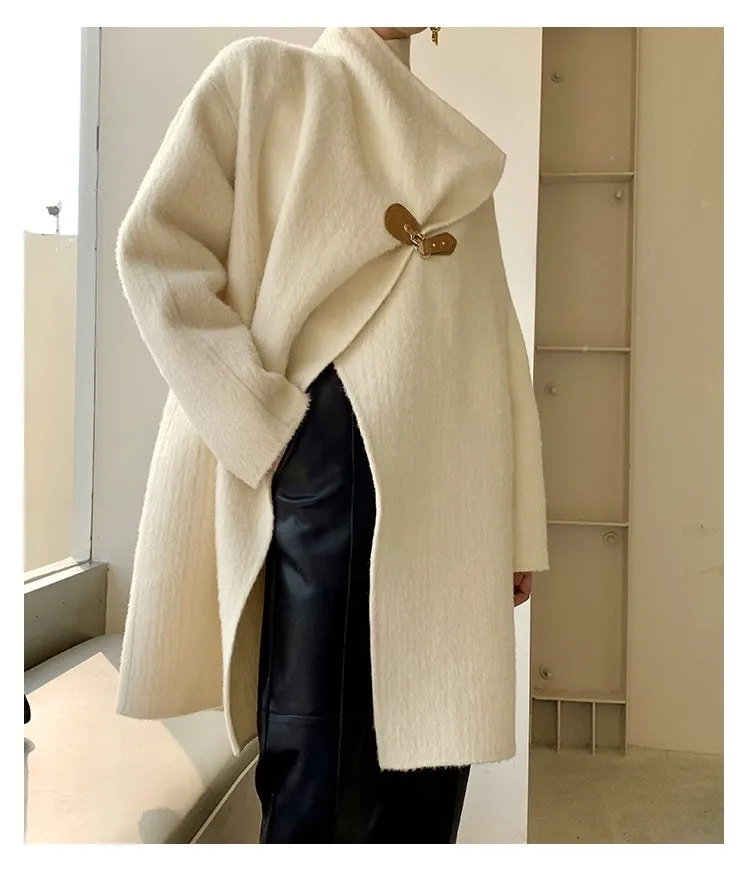 WANXO female double-sided Alpaca long-haired large lapel woolen mid-length coat - Lara