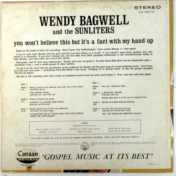 Wendy Bagwell And The Sunliters - You Won't Believe This But It's A Fact With My Hand Up (LP, Album) (NM or M-)