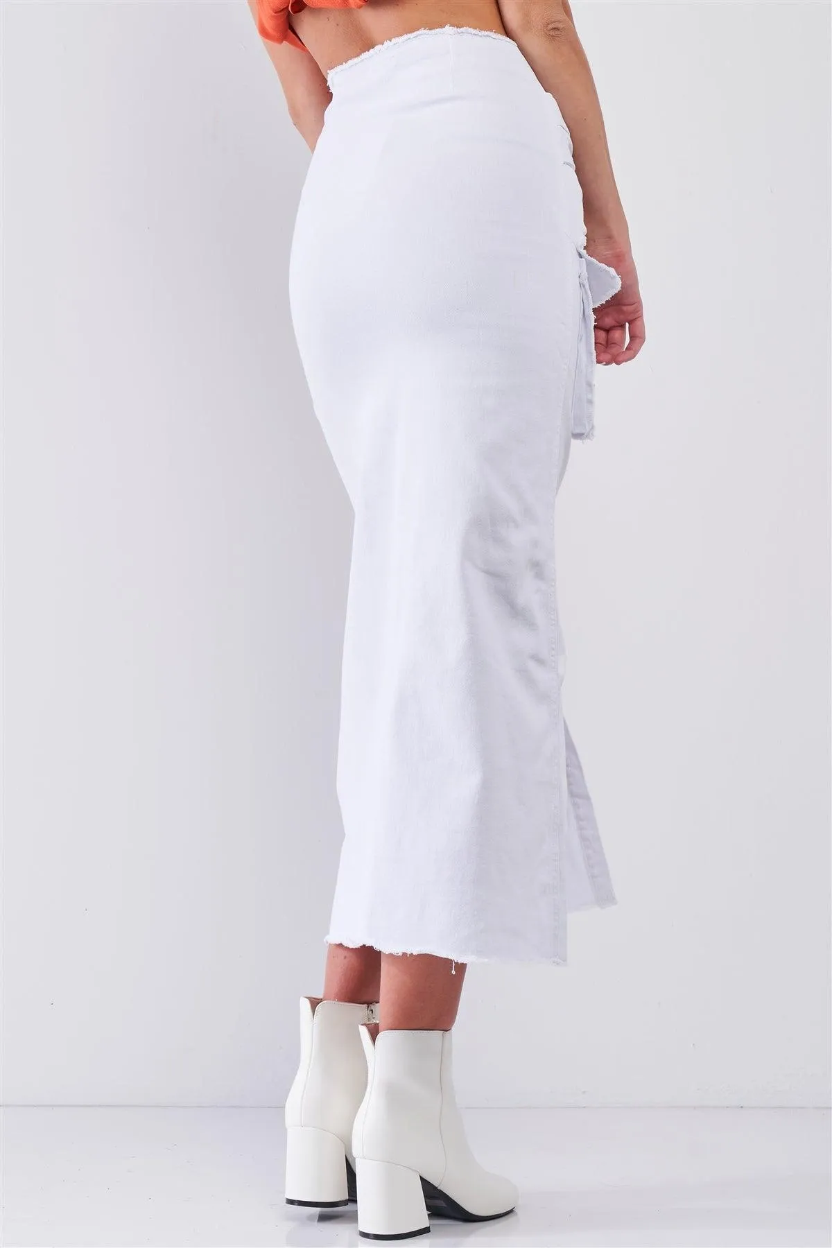 White Denim High Waist Button Down Mock Sleeve Wrap Detail Tube Midi Skirt With Front Pockets /2-2-2