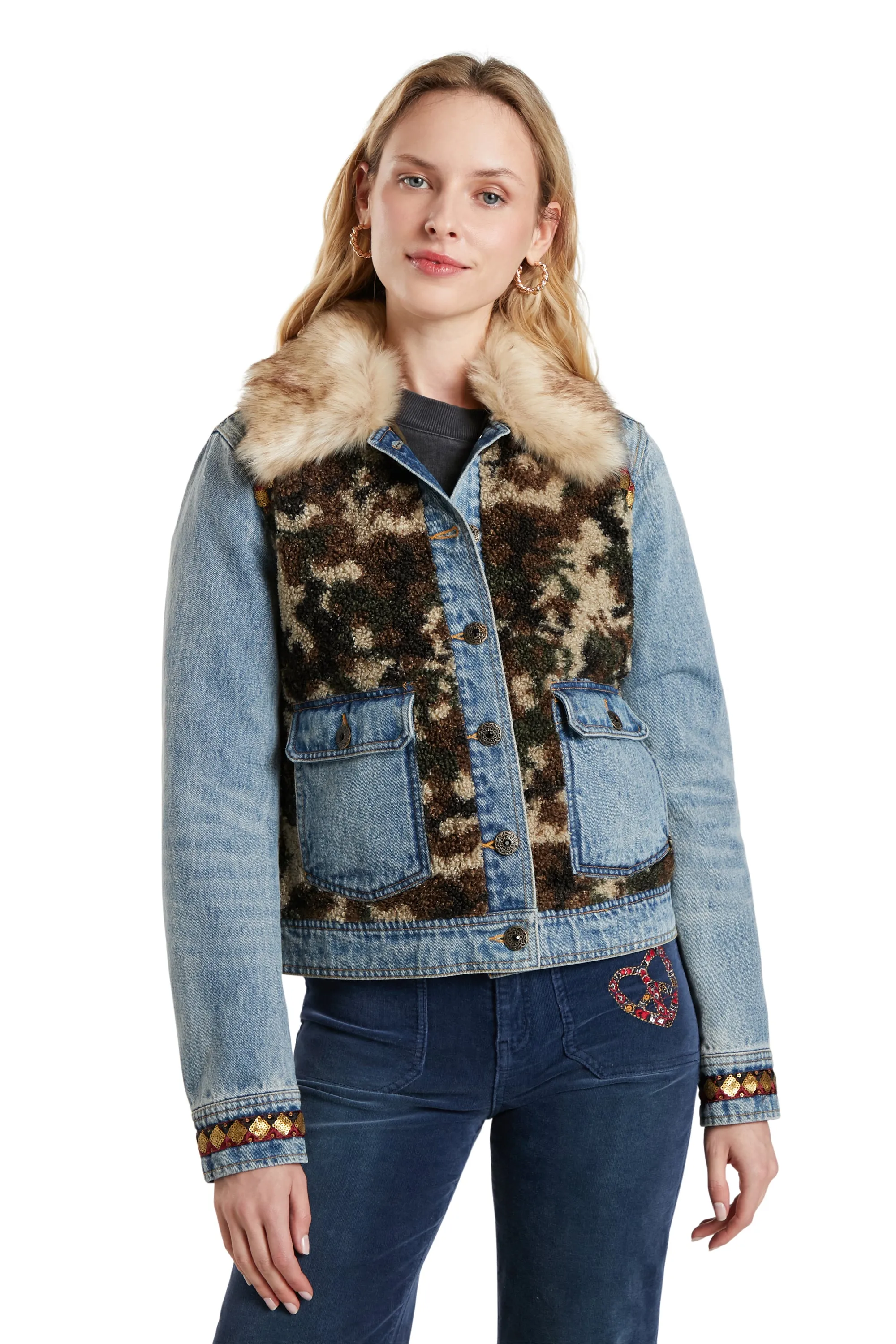 Wild Glam Denim & Camo Faux Fur Jacket Desigual Style 21WWED02