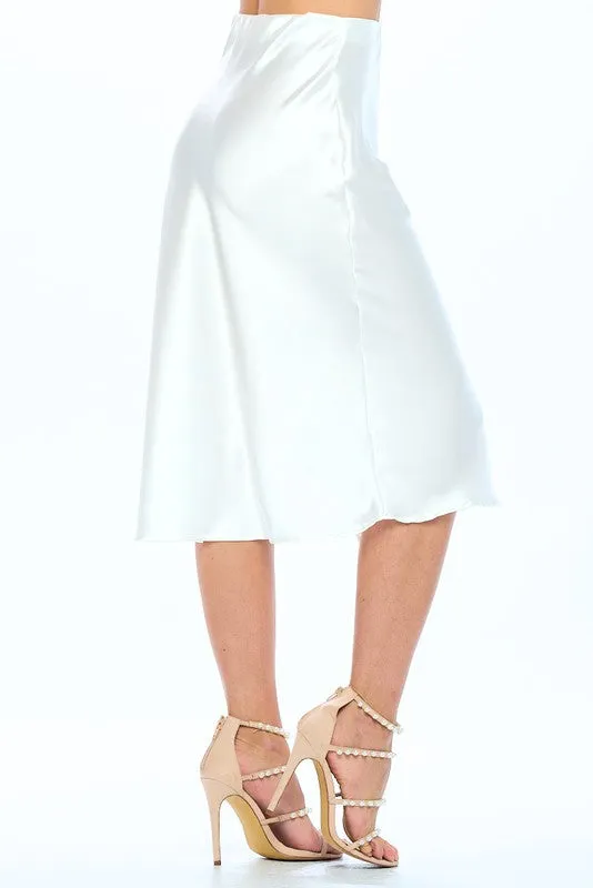 Women Made in USA Solid Stretch Satin Midi Skirt