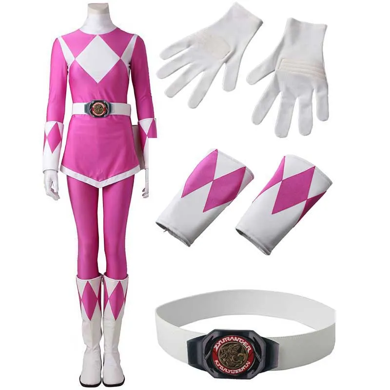 Women Mighty Morphin Power Rangers Costume Pink Ranger Costume Jumpsuit Zentai Bodysuit Boots Cosplay