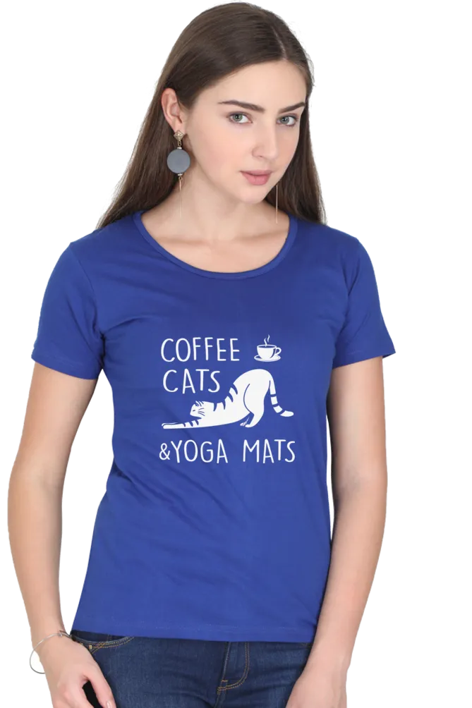 Women Round Neck Half Sleeves Classic T-Shirt - Coffee Cats Yoga Mats