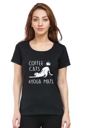 Women Round Neck Half Sleeves Classic T-Shirt - Coffee Cats Yoga Mats