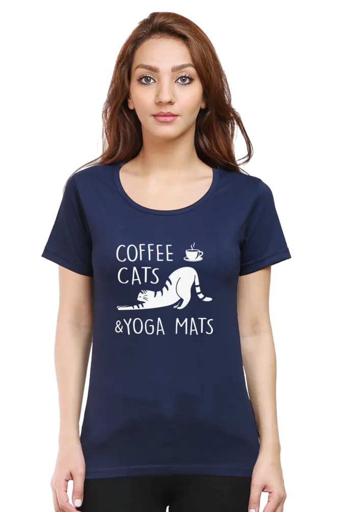 Women Round Neck Half Sleeves Classic T-Shirt - Coffee Cats Yoga Mats