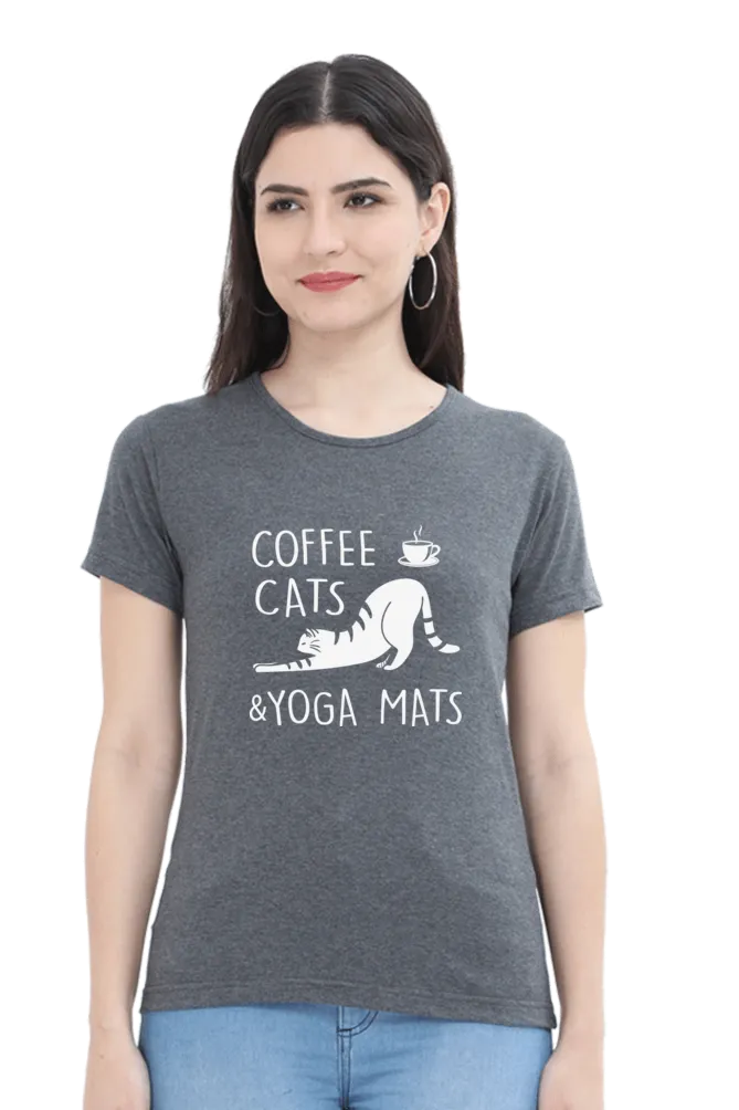 Women Round Neck Half Sleeves Classic T-Shirt - Coffee Cats Yoga Mats