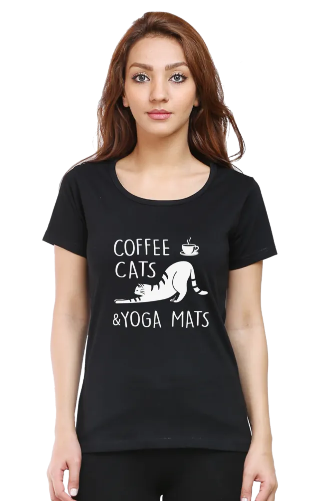 Women Round Neck Half Sleeves Classic T-Shirt - Coffee Cats Yoga Mats