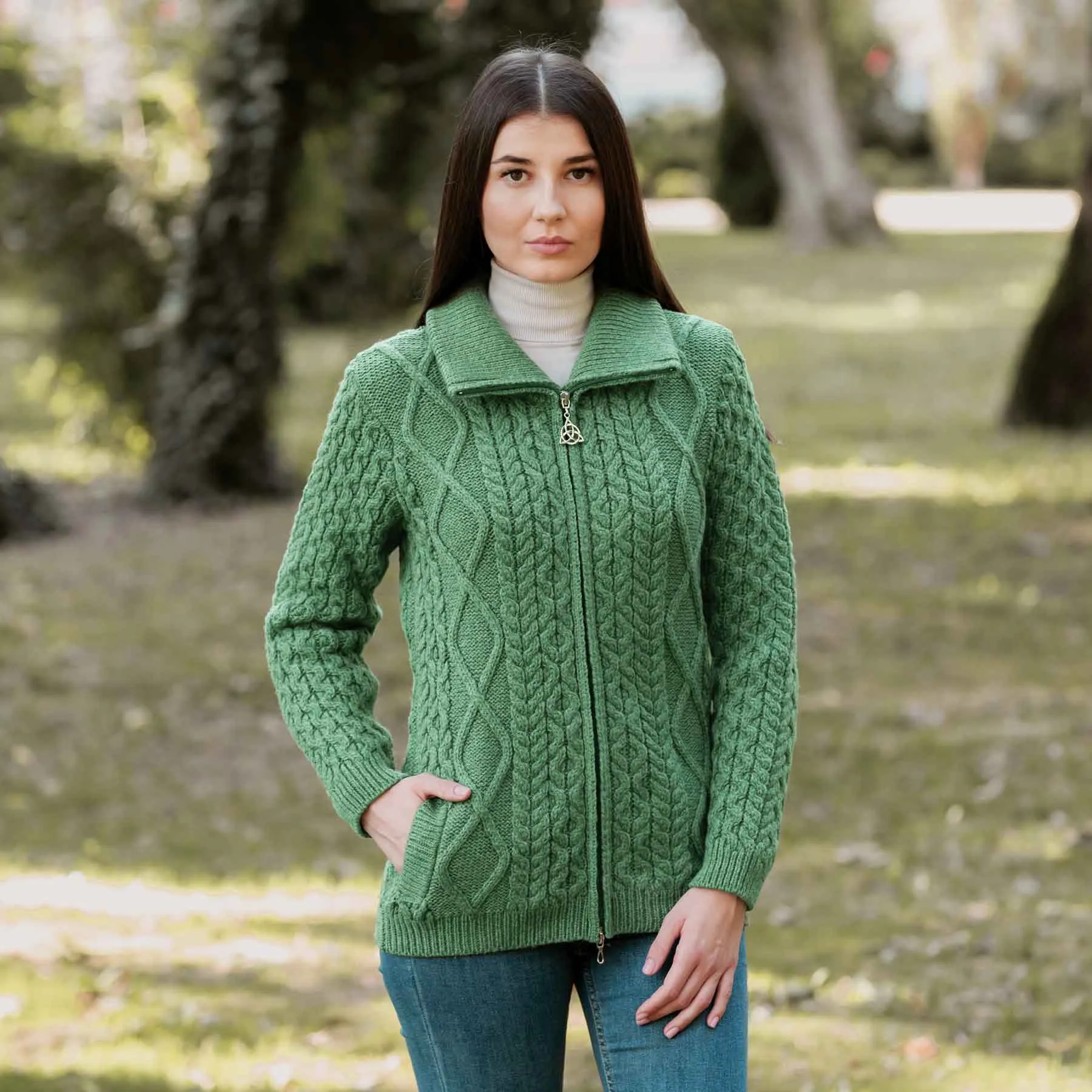 Women's Aran Knit Cable Bomber Jacket, Green