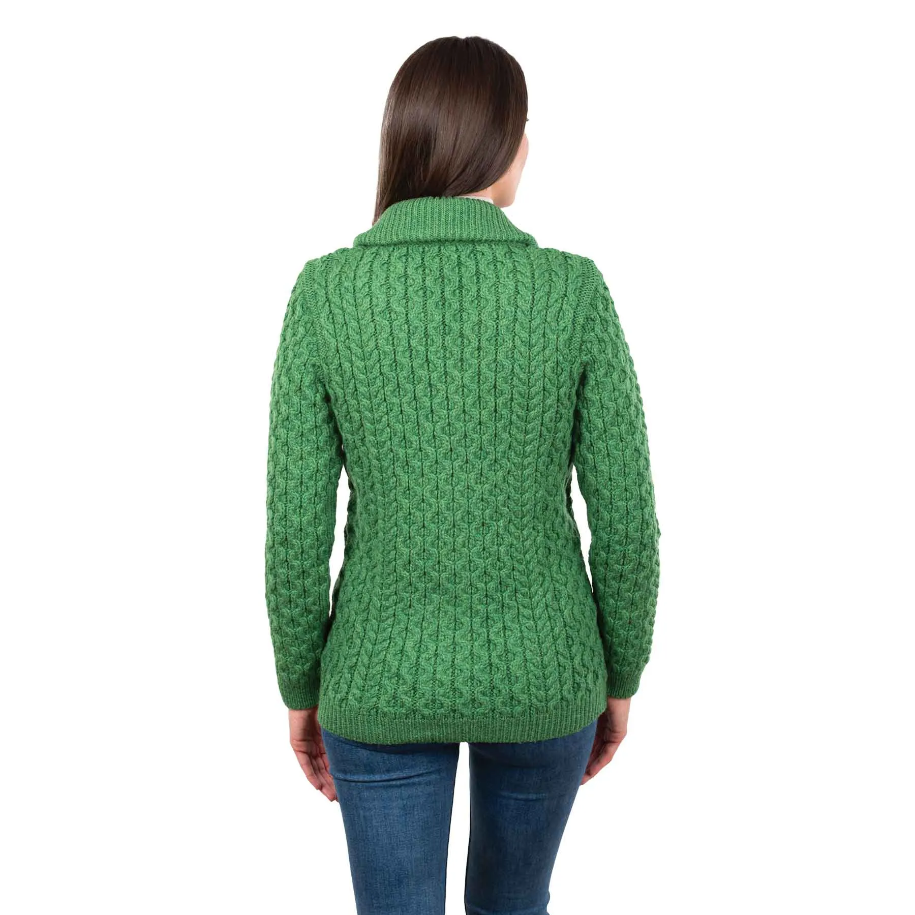 Women's Aran Knit Cable Bomber Jacket, Green