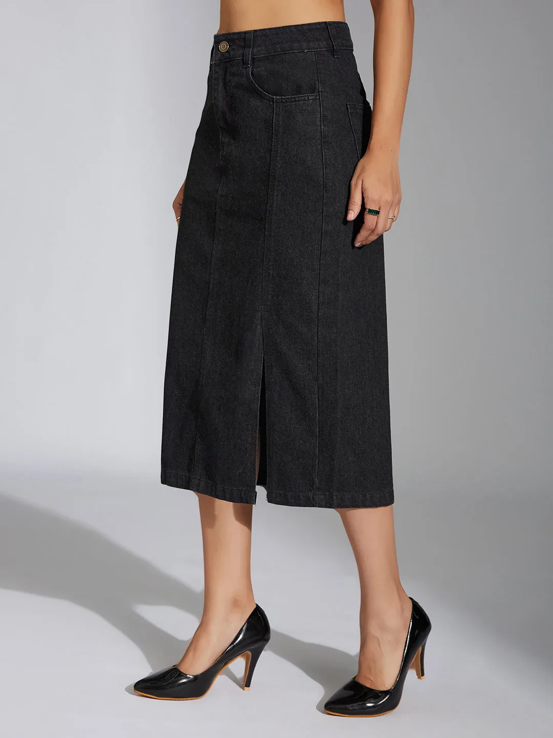 Women's Black Straight-Fit High-Rise Stretchable Denim Midi Skirt