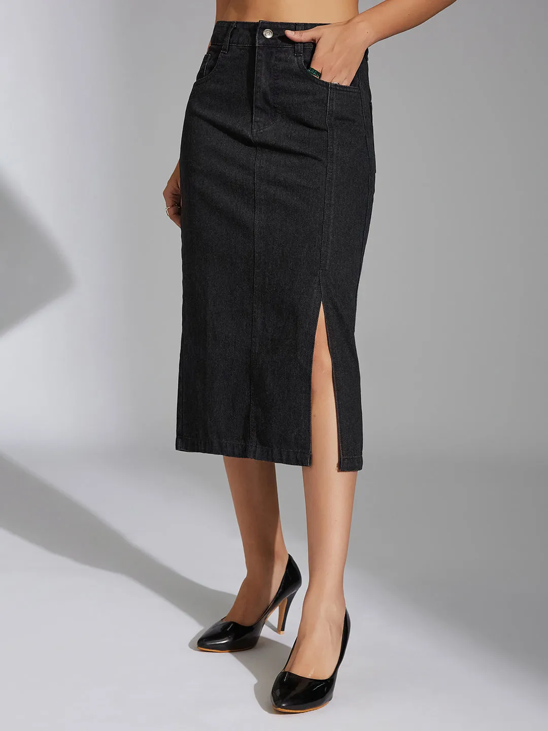 Women's Black Straight-Fit High-Rise Stretchable Denim Midi Skirt