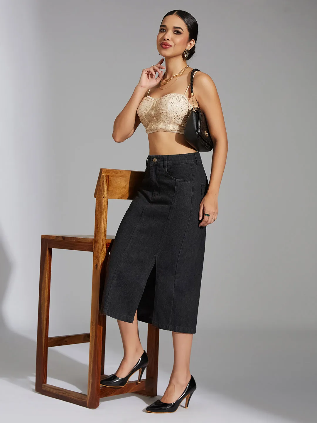 Women's Black Straight-Fit High-Rise Stretchable Denim Midi Skirt