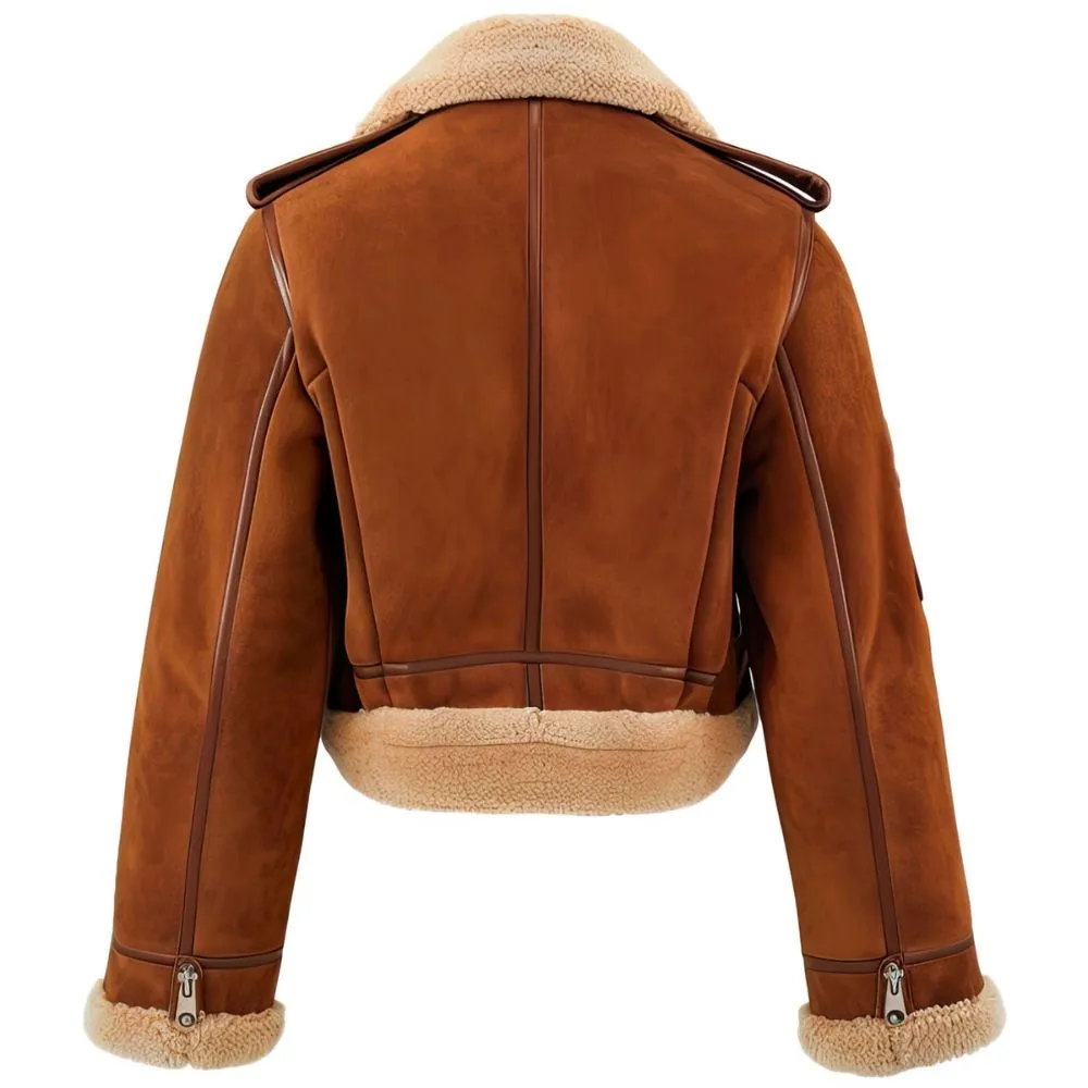 Women's Brown Faux Shearling Genuine Sheepskin Suede Leather Jacket