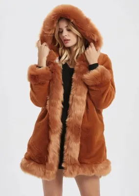 Womens Hooded Faux Fur Collar Coat