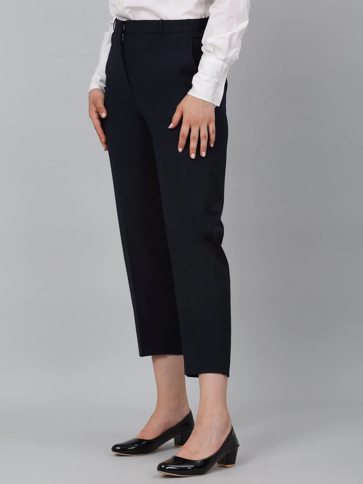 Women's Navy Blue Solid Non-Pleated Formal Trouser