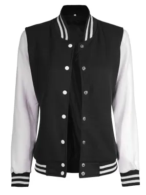 Women's White & Black Plain Varsity Jacket