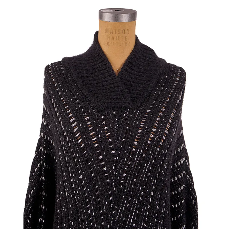 XS NEW $1590 SAINT LAURENT Black & Silver Wool Cozy Knit CAPELET PONCHO SWEATER