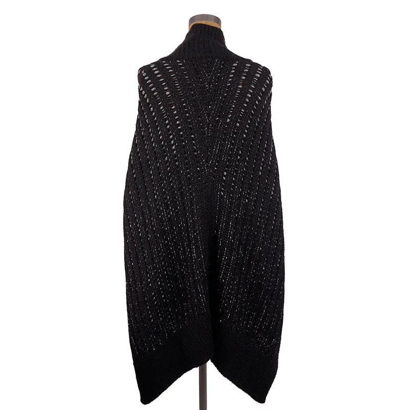 XS NEW $1590 SAINT LAURENT Black & Silver Wool Cozy Knit CAPELET PONCHO SWEATER