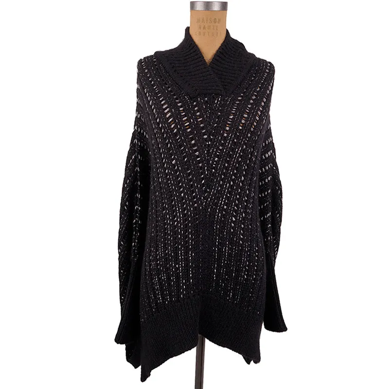 XS NEW $1590 SAINT LAURENT Black & Silver Wool Cozy Knit CAPELET PONCHO SWEATER