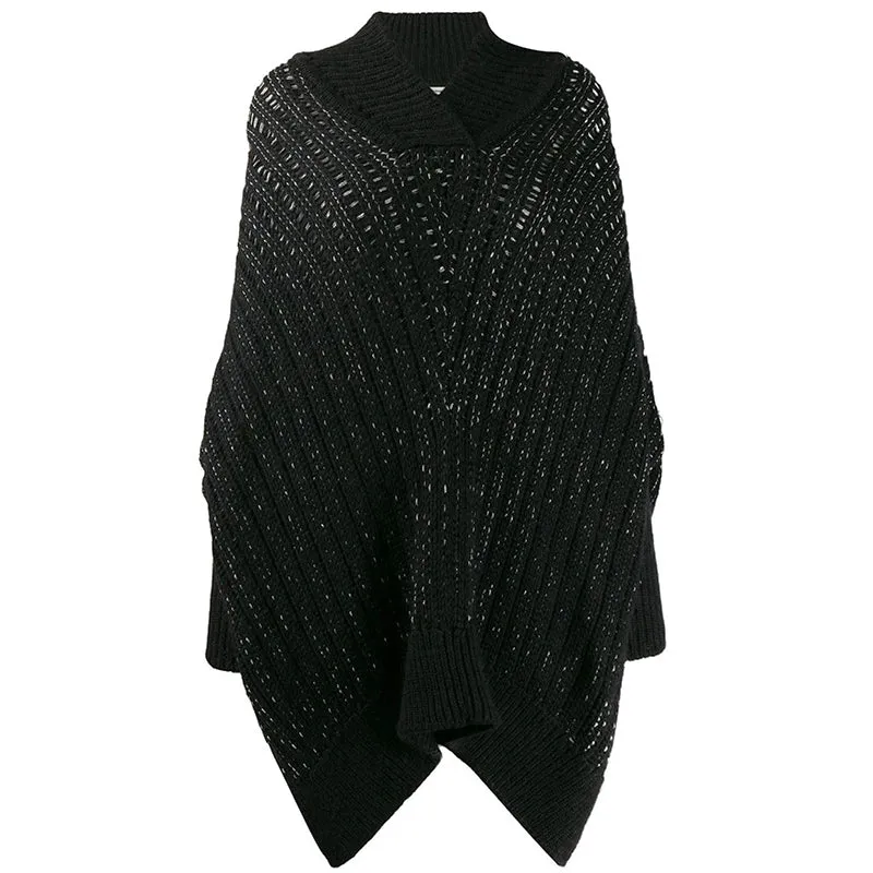 XS NEW $1590 SAINT LAURENT Black & Silver Wool Cozy Knit CAPELET PONCHO SWEATER