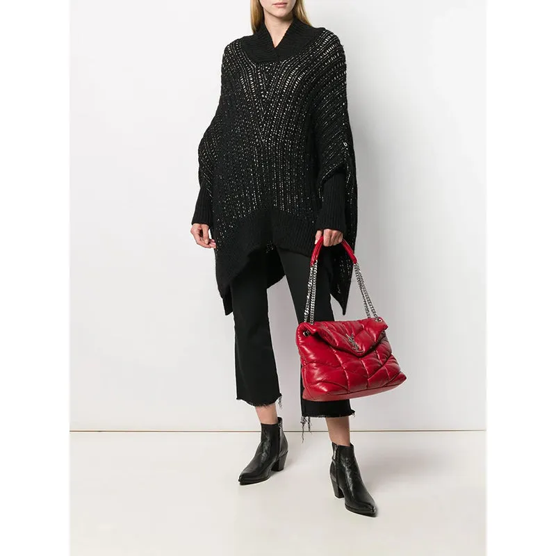 XS NEW $1590 SAINT LAURENT Black & Silver Wool Cozy Knit CAPELET PONCHO SWEATER