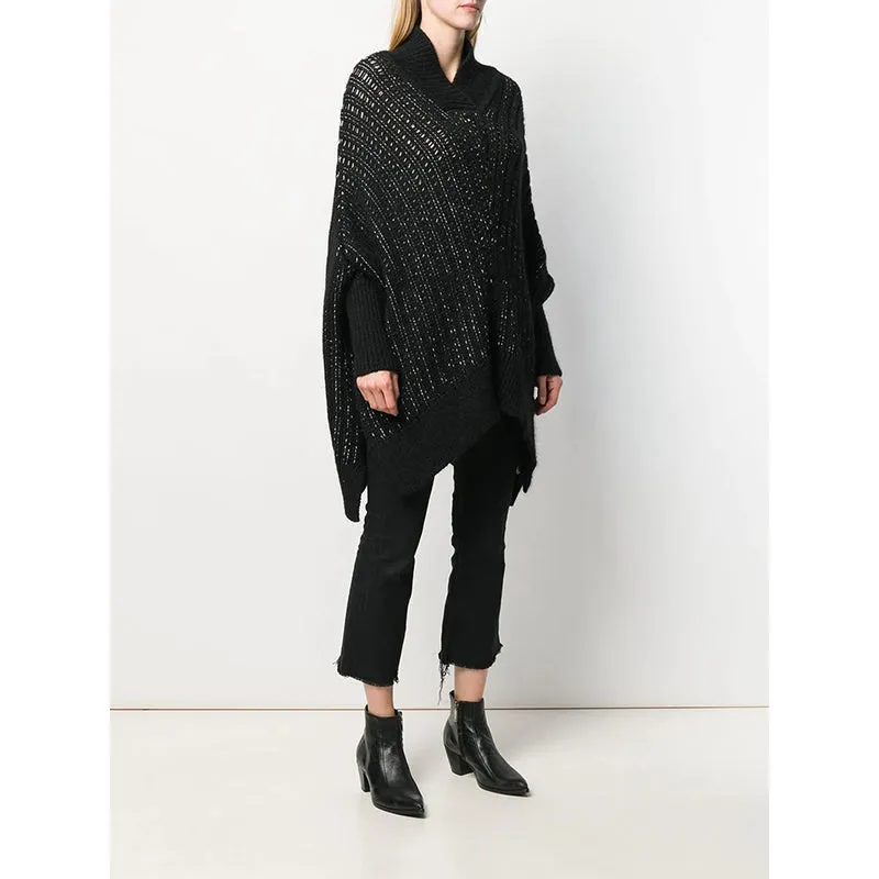 XS NEW $1590 SAINT LAURENT Black & Silver Wool Cozy Knit CAPELET PONCHO SWEATER