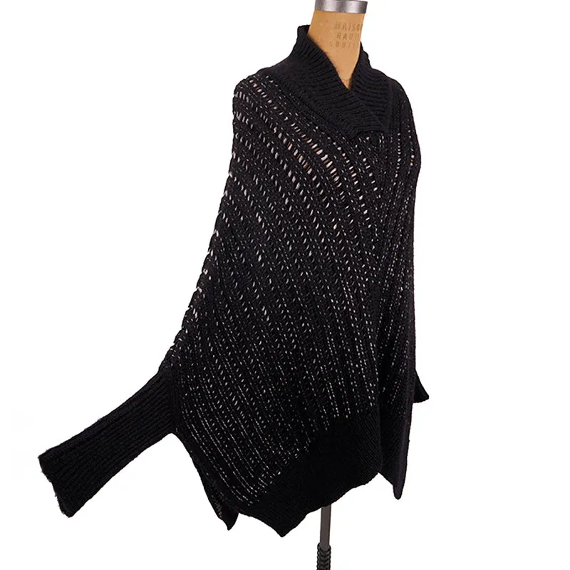 XS NEW $1590 SAINT LAURENT Black & Silver Wool Cozy Knit CAPELET PONCHO SWEATER