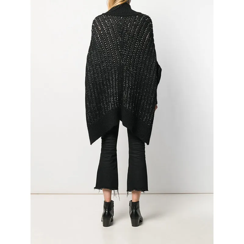 XS NEW $1590 SAINT LAURENT Black & Silver Wool Cozy Knit CAPELET PONCHO SWEATER