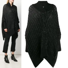 XS NEW $1590 SAINT LAURENT Black & Silver Wool Cozy Knit CAPELET PONCHO SWEATER