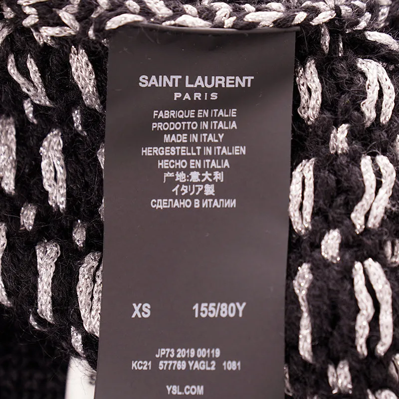 XS NEW $1590 SAINT LAURENT Black & Silver Wool Cozy Knit CAPELET PONCHO SWEATER