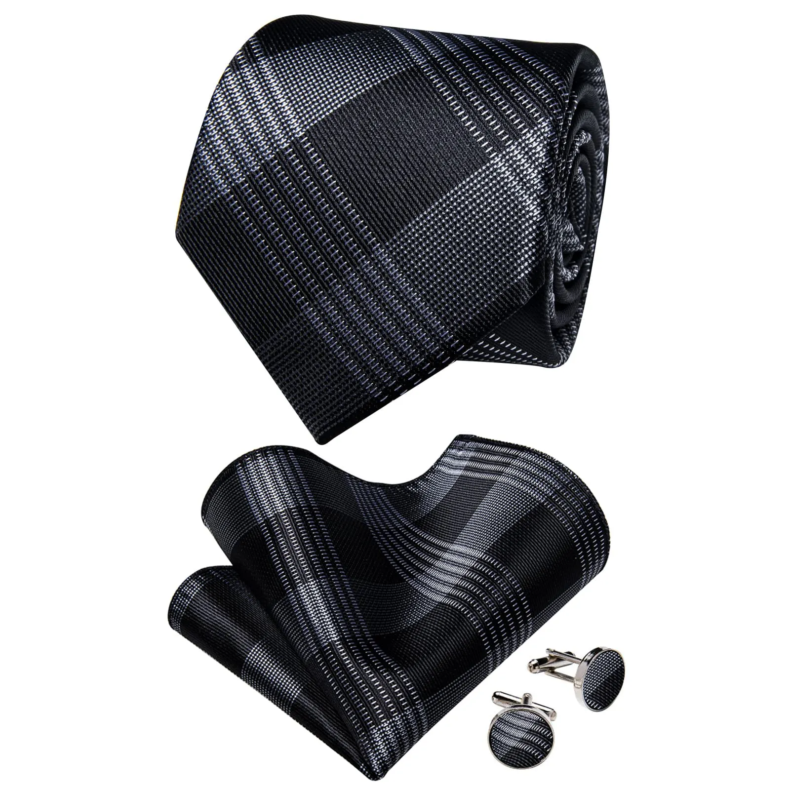 YourTies Black Solid Long Sleeve Shirt with Black Grey Plaid Silk Tie for Men