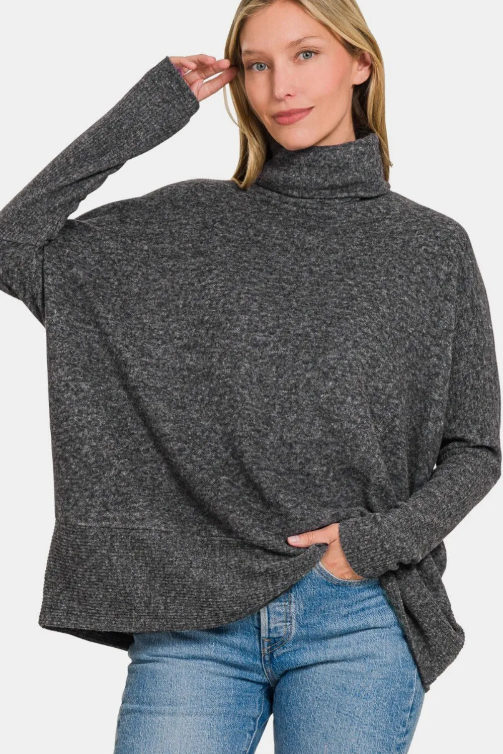 Zenana Brushed Melange Hacci Turtleneck Sweater - Full Size