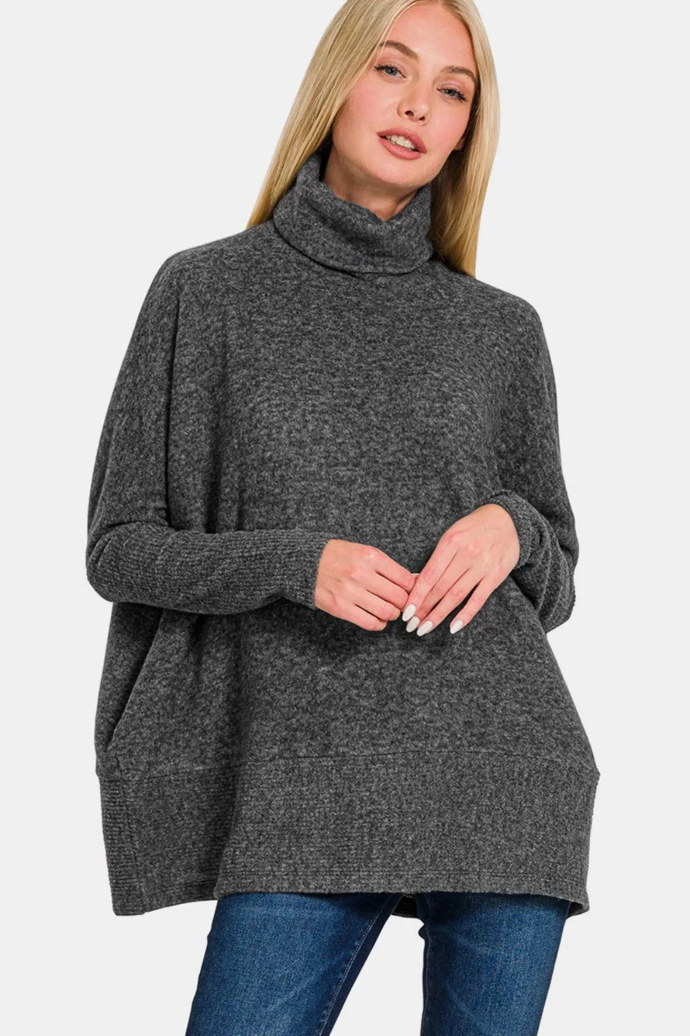 Zenana Brushed Melange Hacci Turtleneck Sweater - Full Size